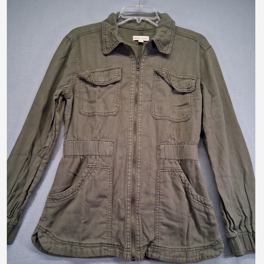 Knox Rose Olive Green Utility Jacket Full Zip Cotton Elastic Waist‎ Womens Small